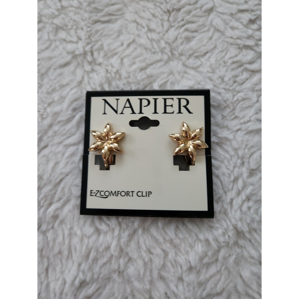 Napier Gold Tone Flower Clip-On Earrings E-Z Comfort Clip New